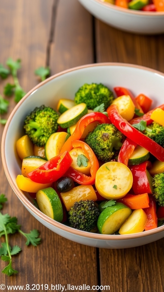 A colorful air-fried vegetable medley with bell peppers, zucchini, and broccoli in a bowl, garnished with herbs.